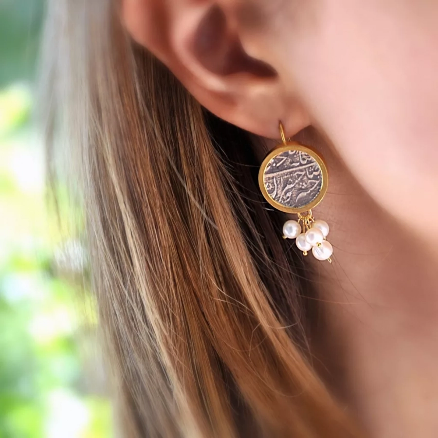 Gold Plated Silver Earrings with Persian Vintage Coin and Cluster Pearl