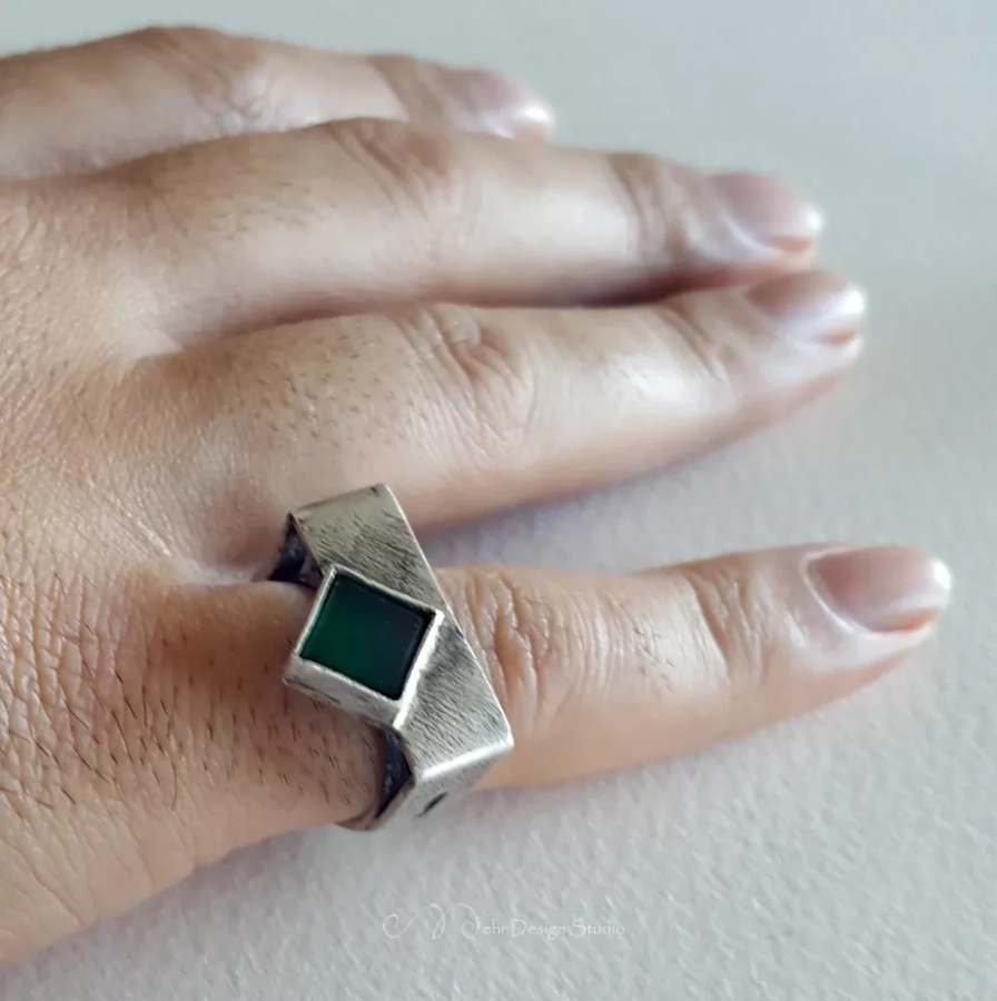 agate men ring, square ring, handmade silver and agate ring