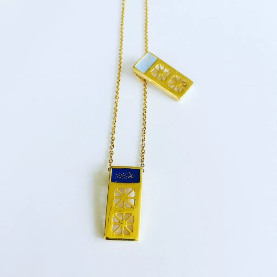 Persian Architecture Gold Plated Bronze Pendant And Ligh Blue And Dark Blue Enamel With Glitters