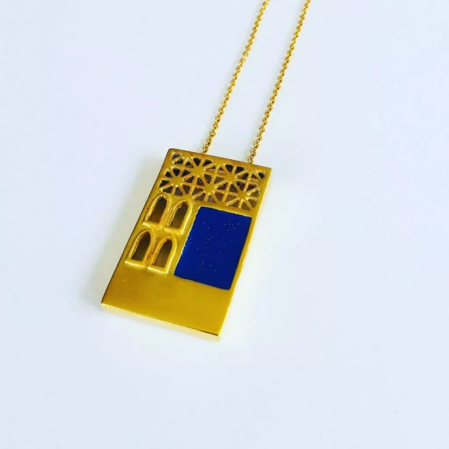 Persian Architecture Gold Plated Unique Bronze Pendant And Dark Blue Enamel With Golden Glitters