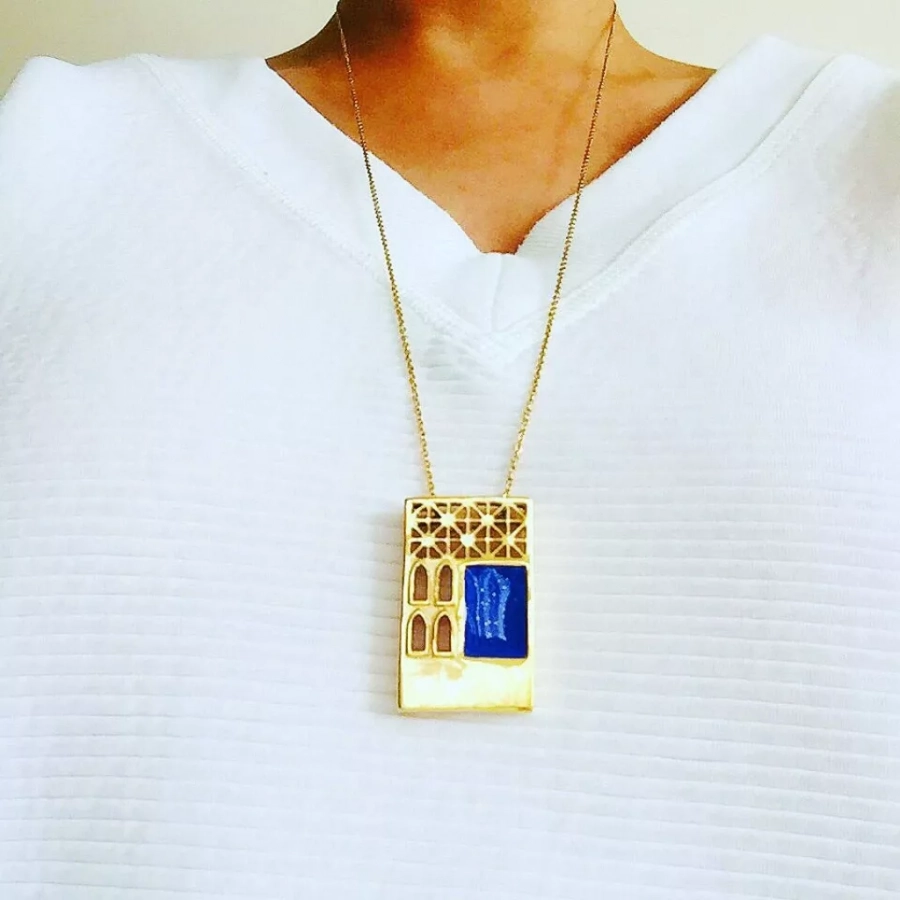 Persian Architecture Gold Plated Unique Bronze Pendant And Dark Blue Enamel With Golden Glitters