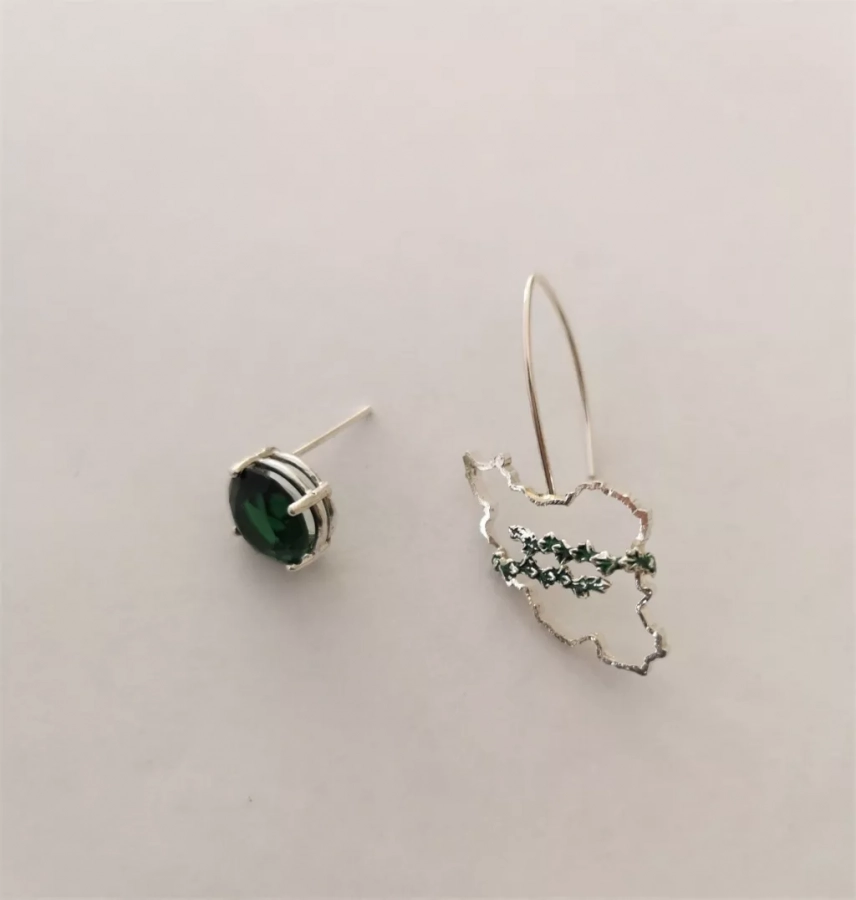 "Iran Map" Silver Earring With Green Stone