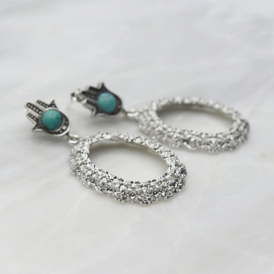 Silver Hamsa Hand Earrings With Turquoise