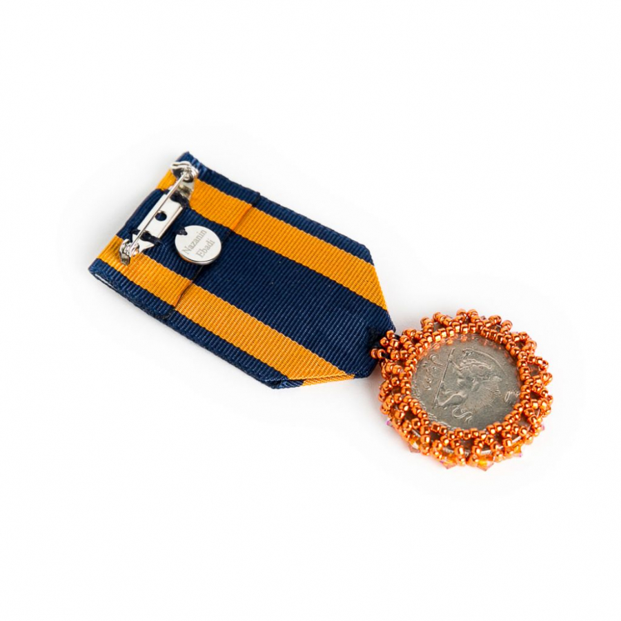 Medal Brooch Made With Vintage Persian Coins, Swarovski Crystals And Ribbon Orange