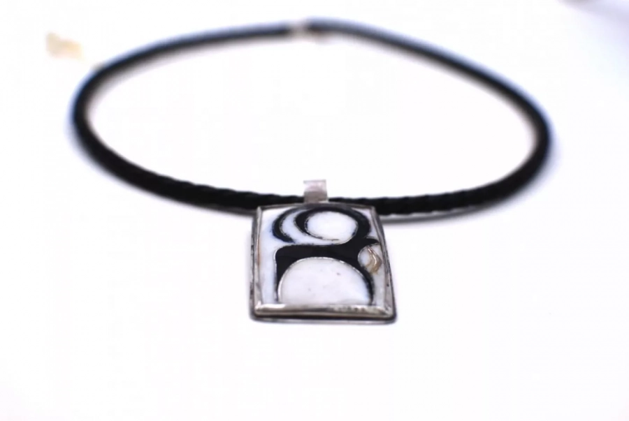 Handmade Enameling The Ibex Motifs Necklace, Black Leather Necklace, Historic Necklace, One Of A Kind
