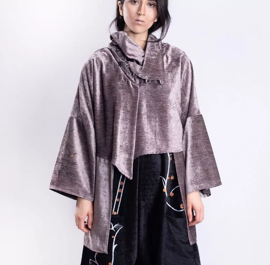 Handmade Asymmetrical Wrapper Gray Velvet Jacket Inspired By Persian And Arabic Astronomi 