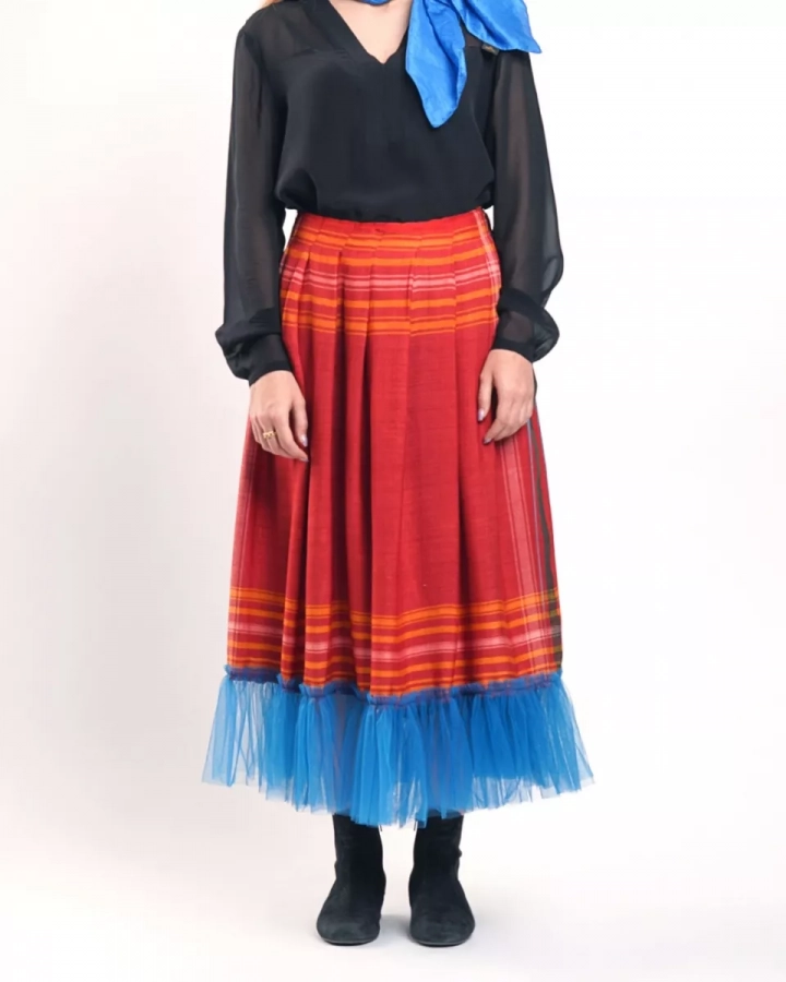 Unique Maxi Skirt Made With Handwoven Traditional Long Fabric turquoise And Red