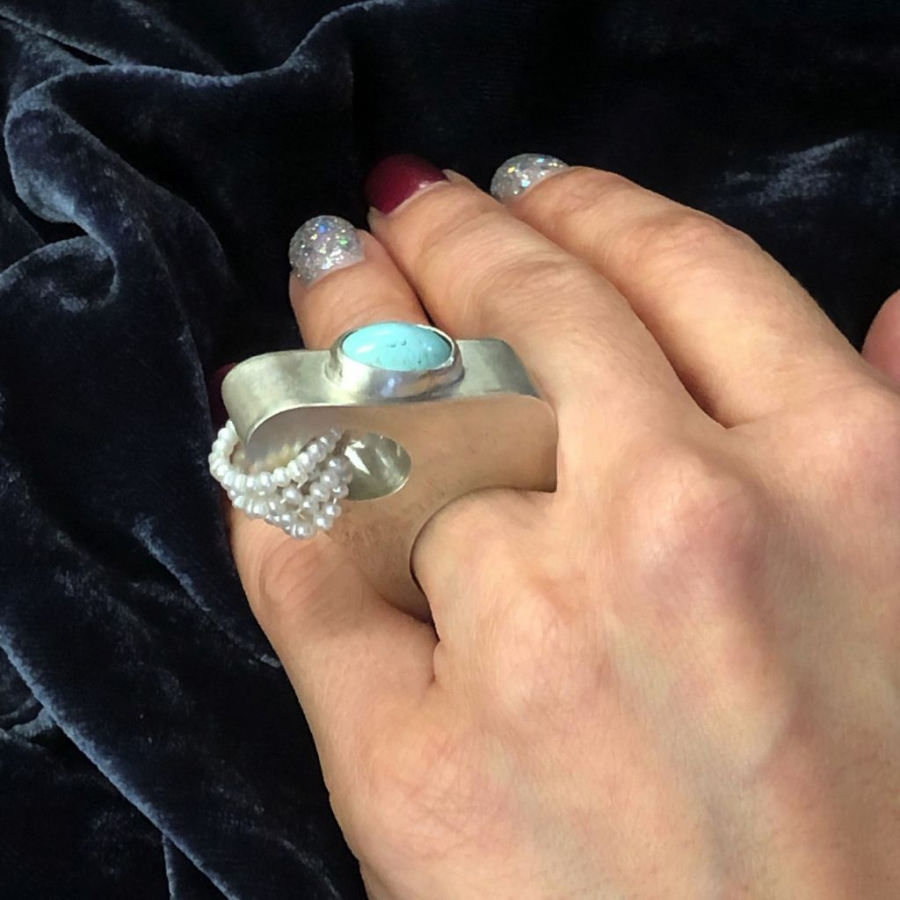 Handmade Unique Silver Ring WITH Persian turquoise and freshwater pearls, One Of A Kind, Size 6