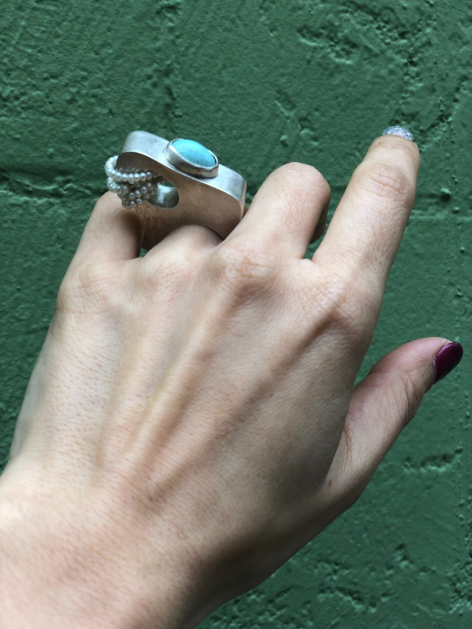 Handmade Unique Silver Ring WITH Persian turquoise and freshwater pearls, One Of A Kind, Size 6