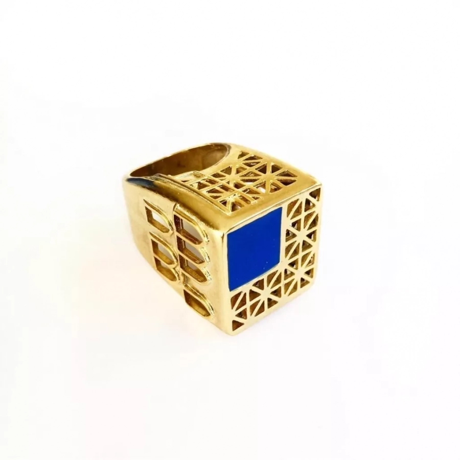 Persian Architecture Gold Plated Bronze Ring With Dark Blue Enamel And Golden Glitters