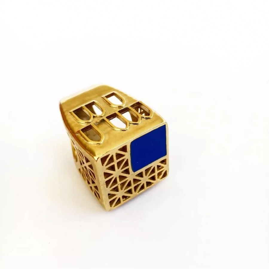 Persian Architecture Gold Plated Bronze Ring With Dark Blue Enamel And Golden Glitters