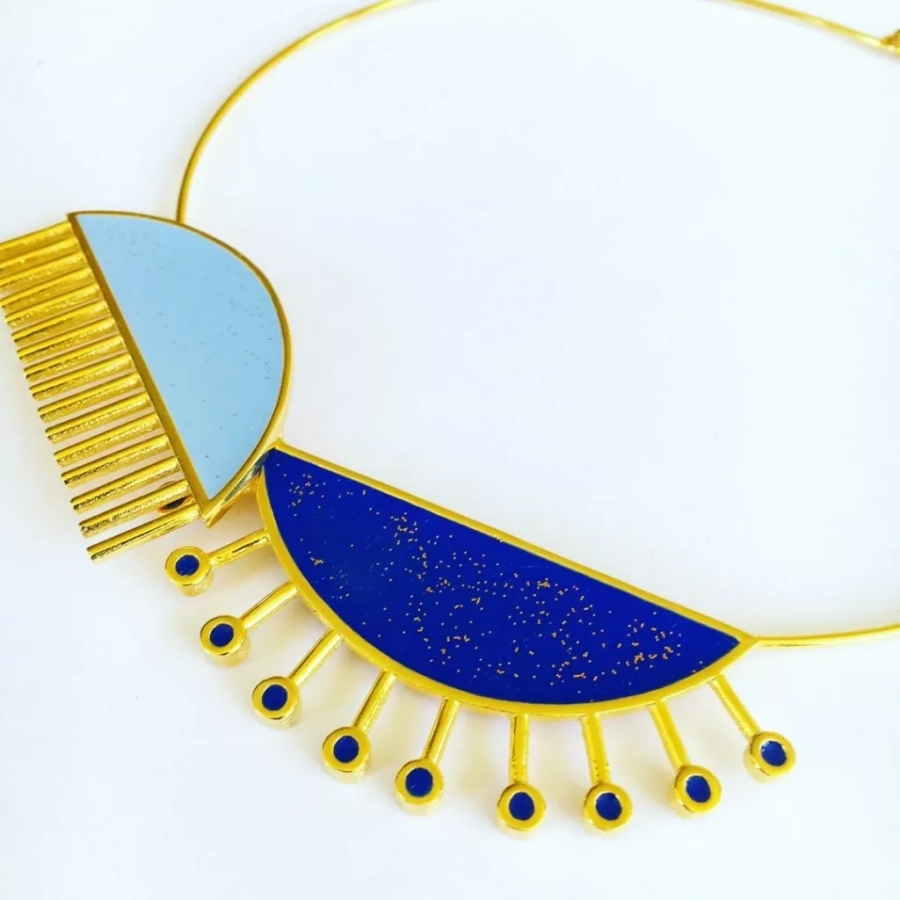 Comb Collection Gold plated Bronze Blue Enamel with glitters neck piece