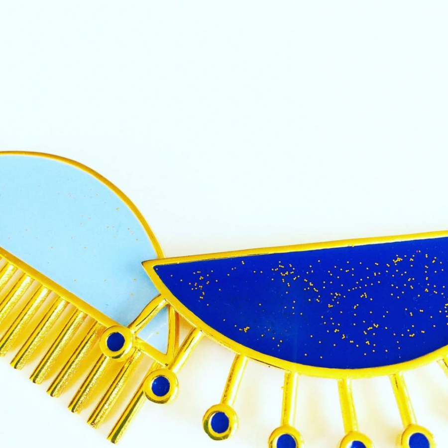 Comb Collection Gold plated Bronze Blue Enamel with glitters neck piece