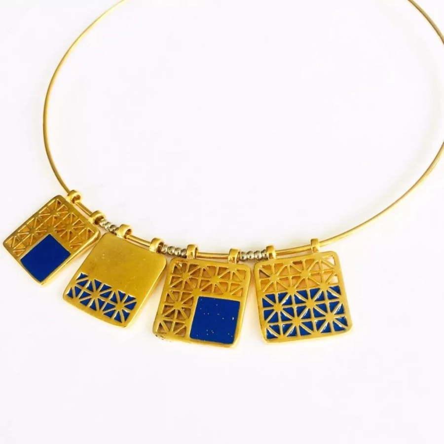Persian Architecture Gold Plated Unique Bronze Neck Piece And Dark Blue Enamel