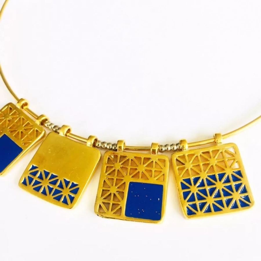Persian Architecture Gold Plated Unique Bronze Neck Piece And Dark Blue Enamel