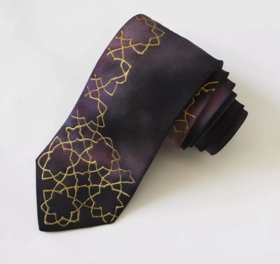 Hand Made Silk Tie With Hand Painted Black And Gold