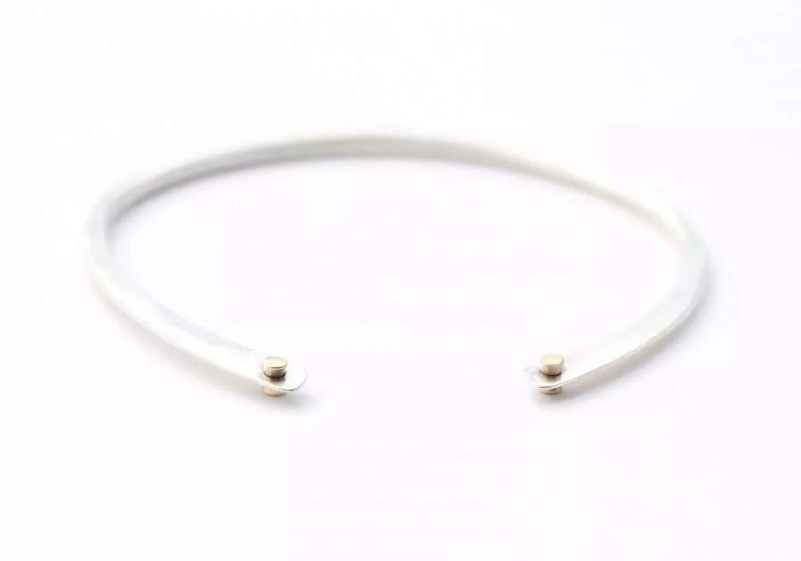 Hammered Sterling Silver Bracelet With 14k Gold Riveted Wire