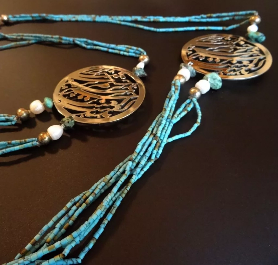 Cheshm & Turquoise Persian Calligraphy Long Necklace