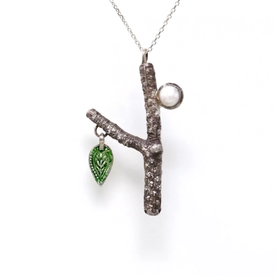 "life Of A Tree" Silver Necklace With Pearl And Green Enameling