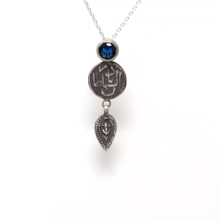 Old Coin Silver Necklace With Dark Blue Sapphire