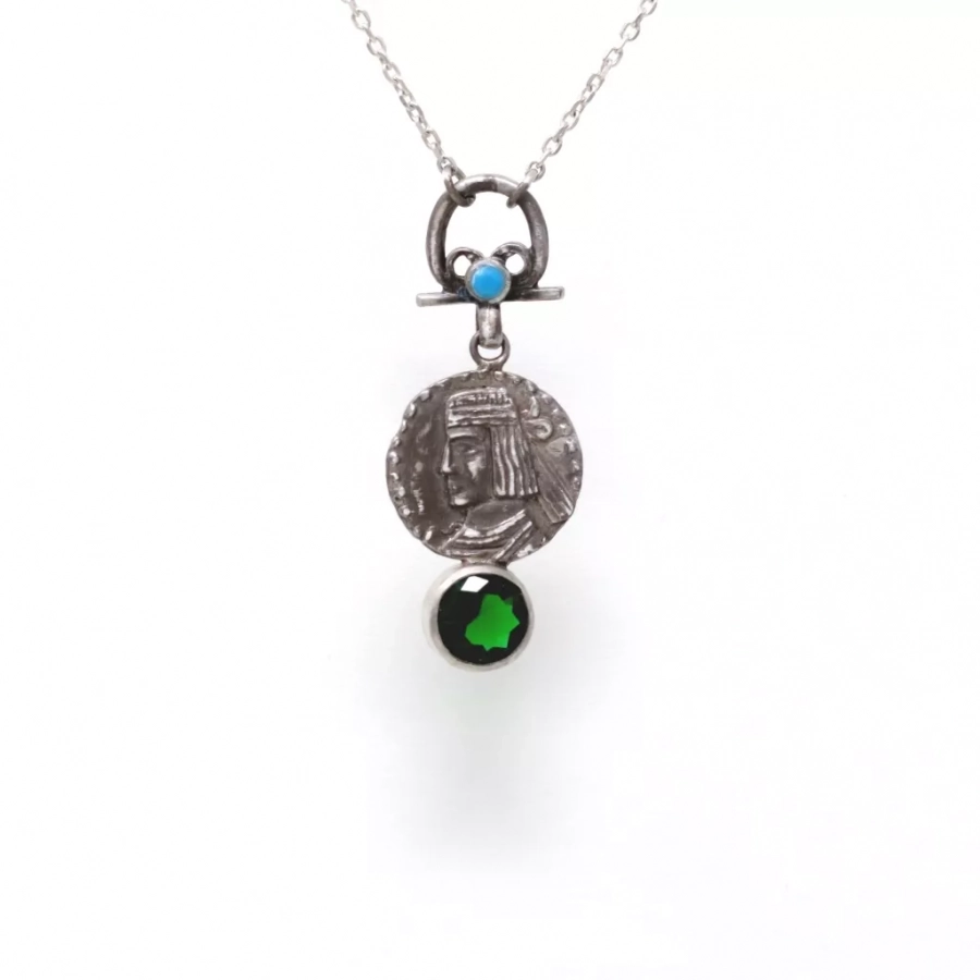 Old Parthian Coin Silver Neclace Green Cubic Zirconia Turquoise