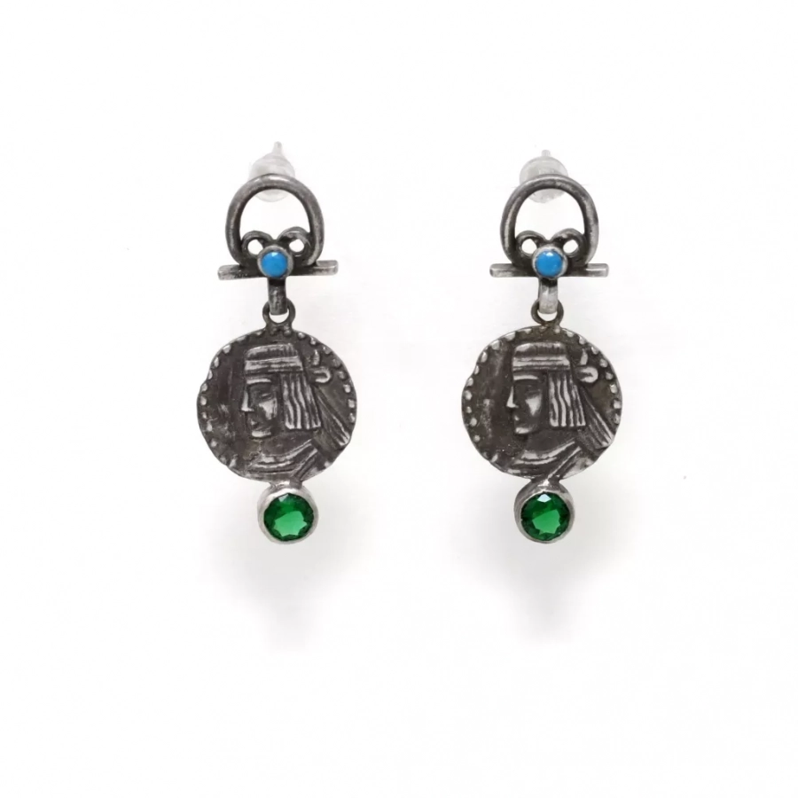 Old Parthian Coin Silver Earrings Green Cubic Zirconia Turquoise