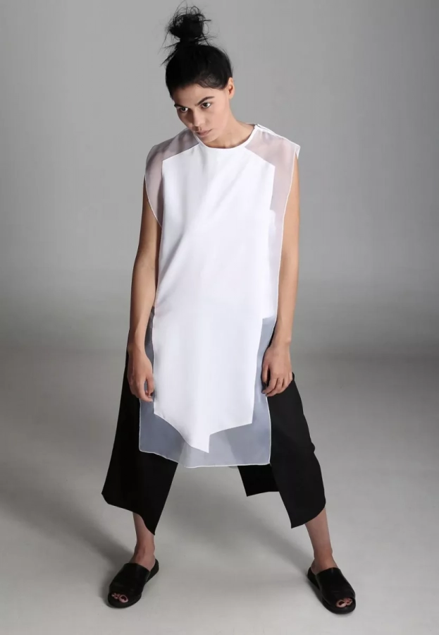 Geometrical Edgy Long White Top Hand Tailored