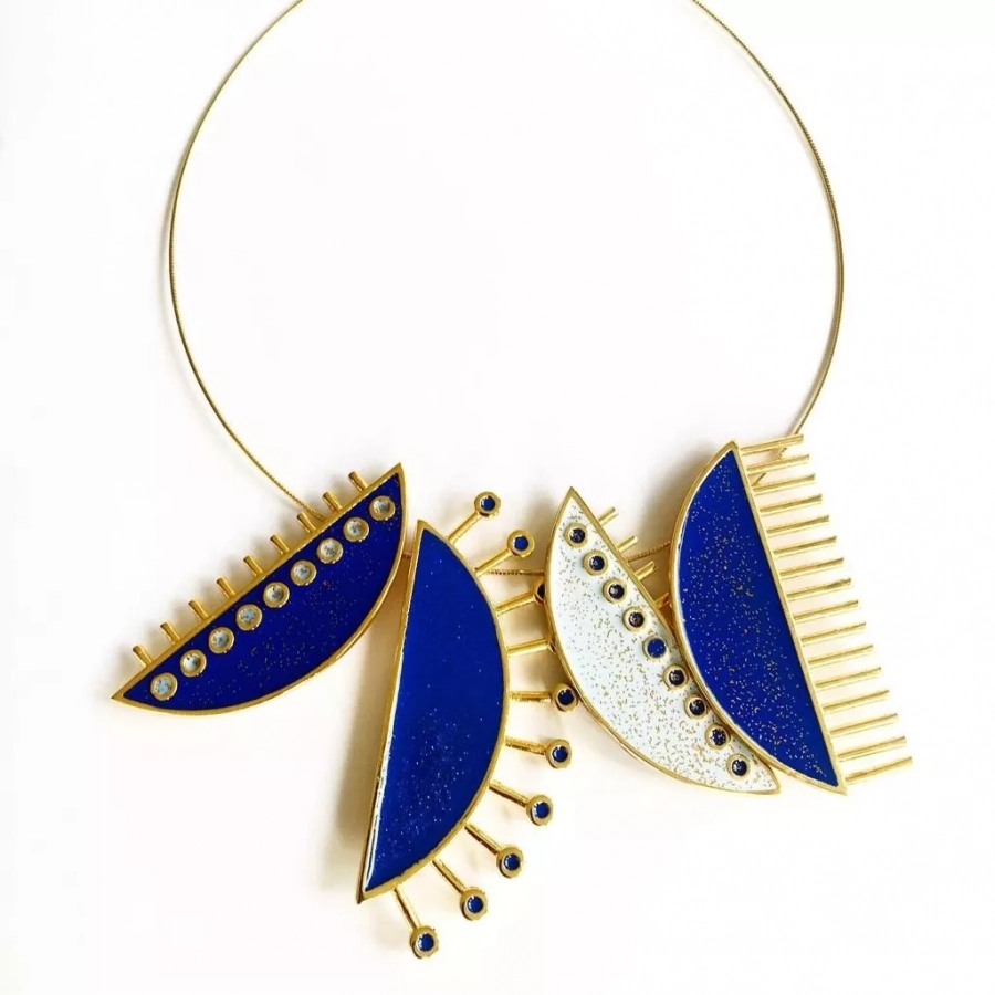 Comb Collection Gold Plated Bronze Blue Enamel With Glitters Neck Piece 2