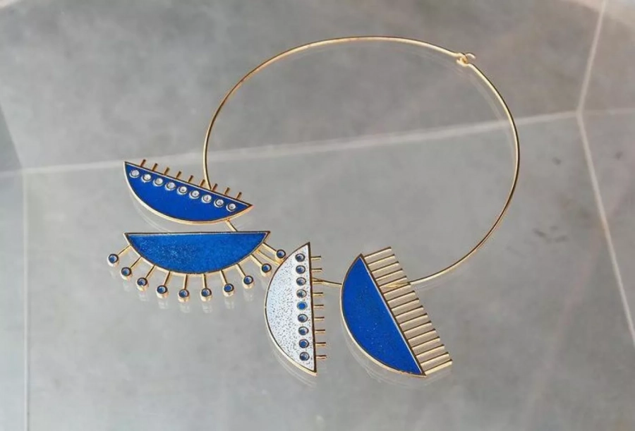 Comb Collection Gold Plated Bronze Blue Enamel With Glitters Neck Piece 2