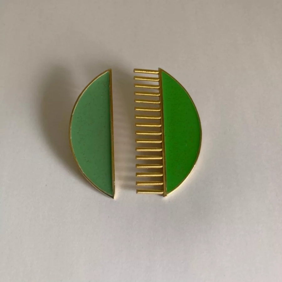 Comb Collection Gold Plated Bronze Green Enamel With Glitters Stud Earrings