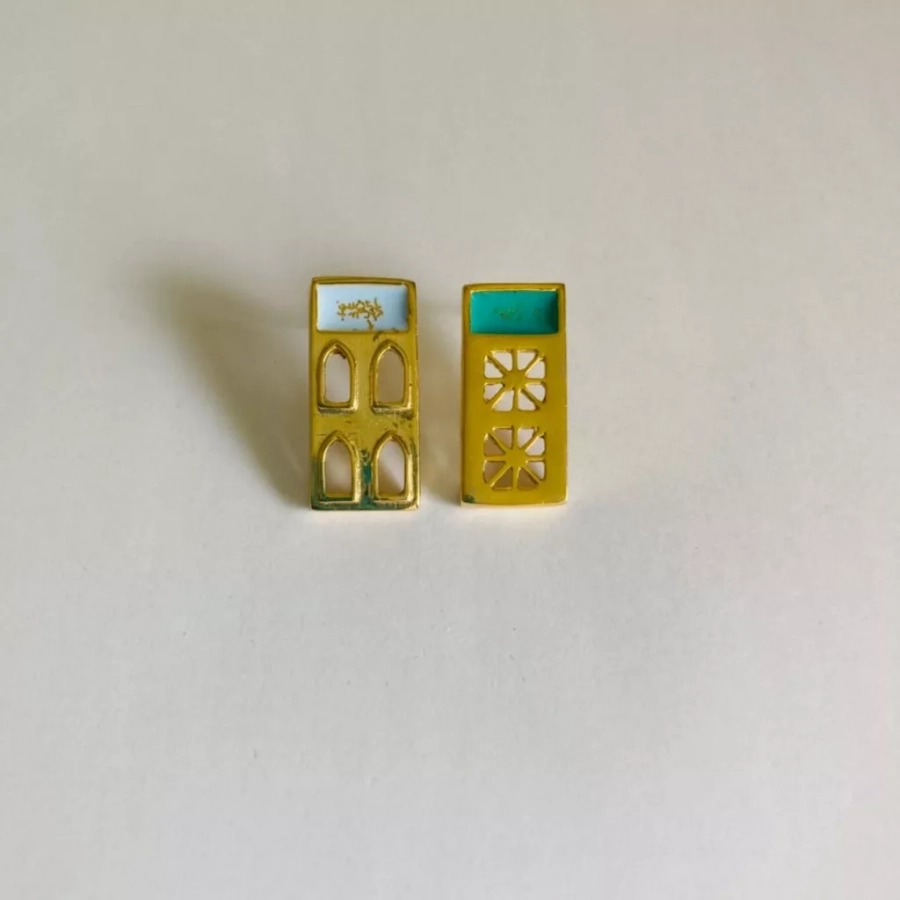 Persian Architecture Gold Plated Bronze Earrings With Enamel