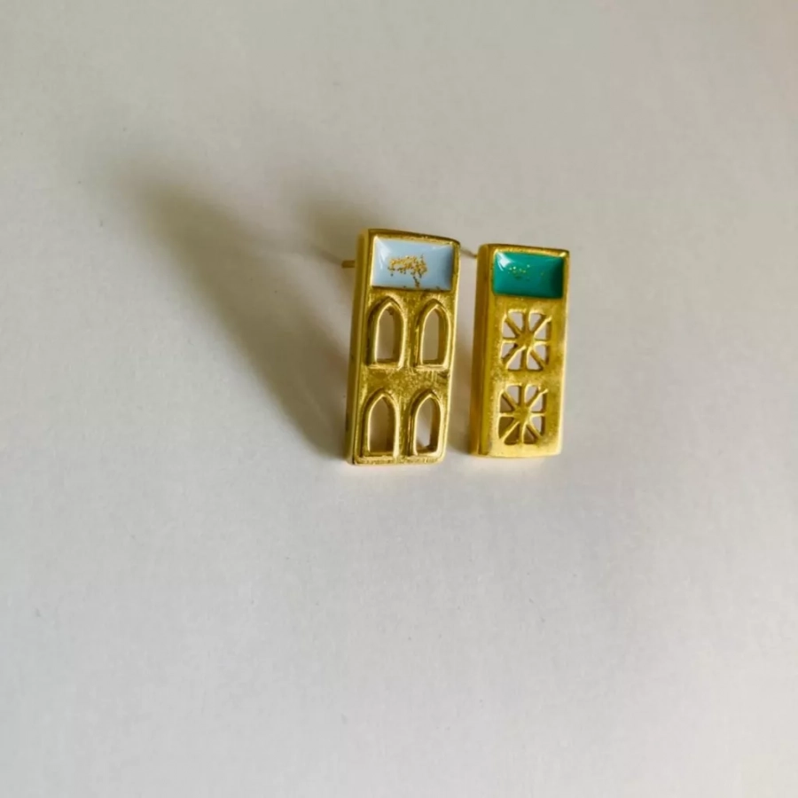 Persian Architecture Gold Plated Bronze Earrings With Enamel