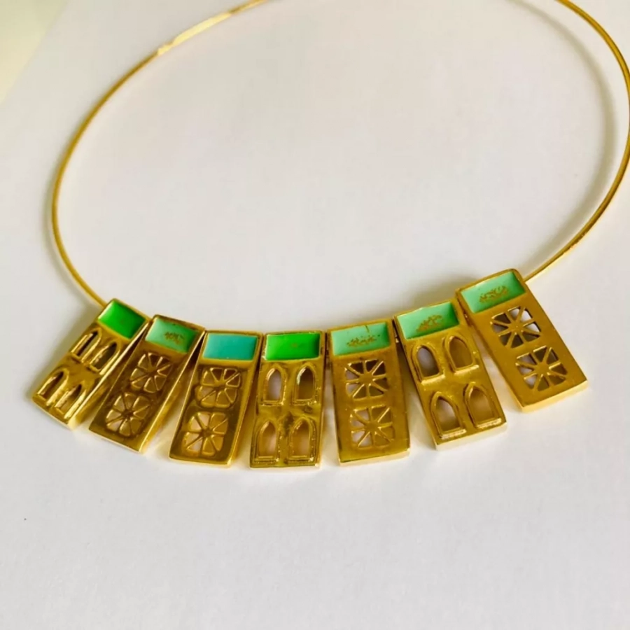 Persian Architecture Gold Plated Unique Bronze Neck Piece And Green Enamel