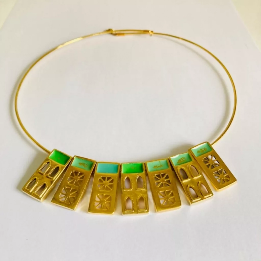 Persian Architecture Gold Plated Unique Bronze Neck Piece And Green Enamel