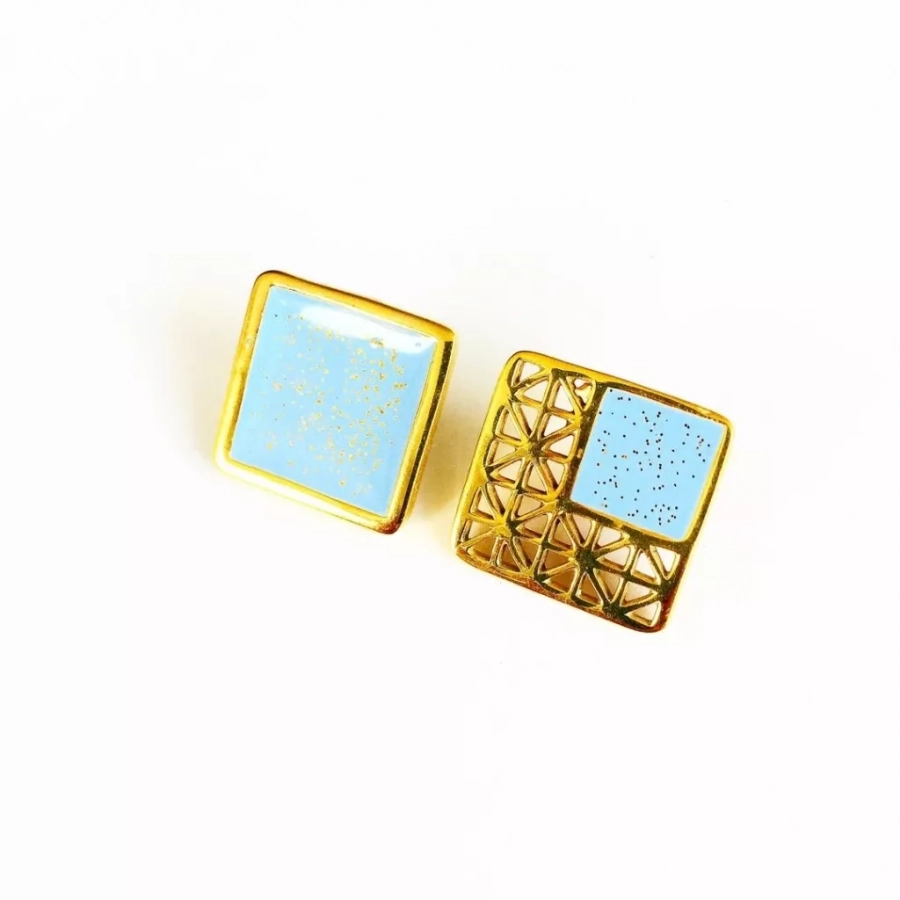 Persian Architecture Gold Plated Bronze Earrings With Light Blue Enamel And Golden Glitters