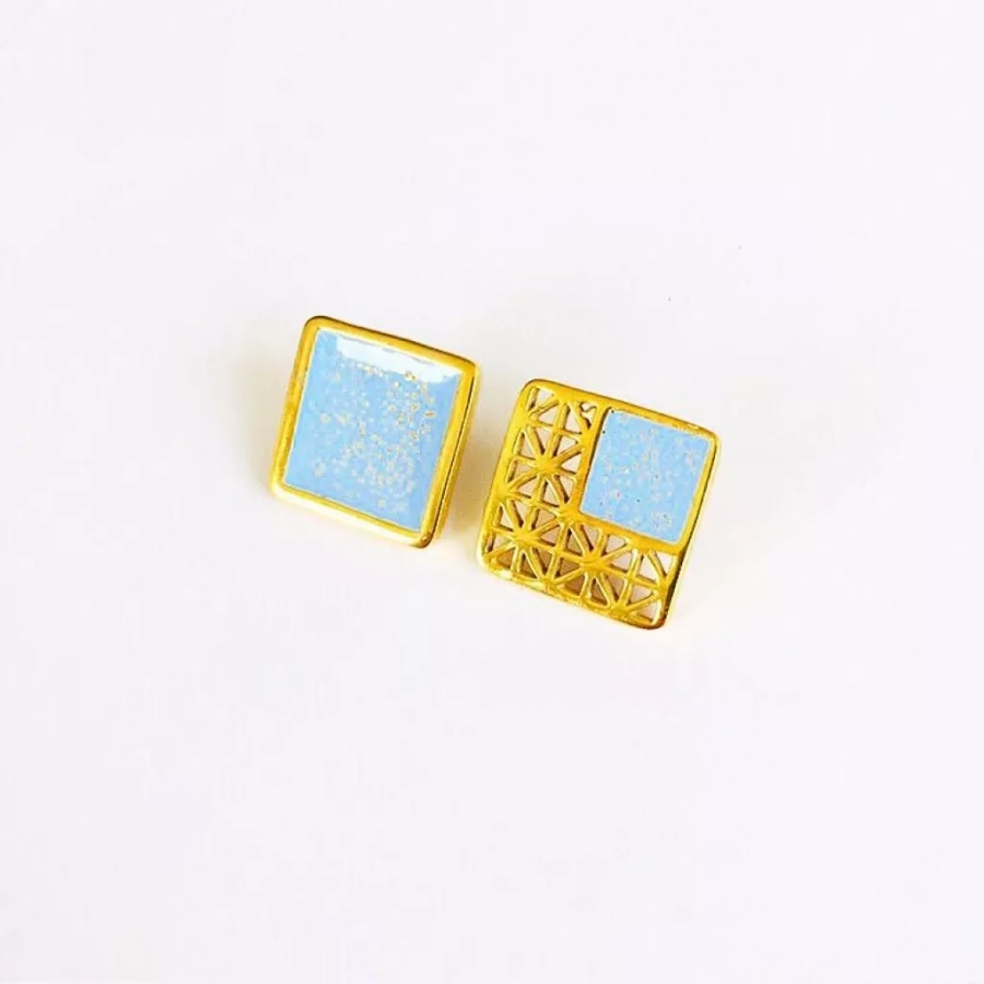 Persian Architecture Gold Plated Bronze Earrings With Light Blue Enamel And Golden Glitters