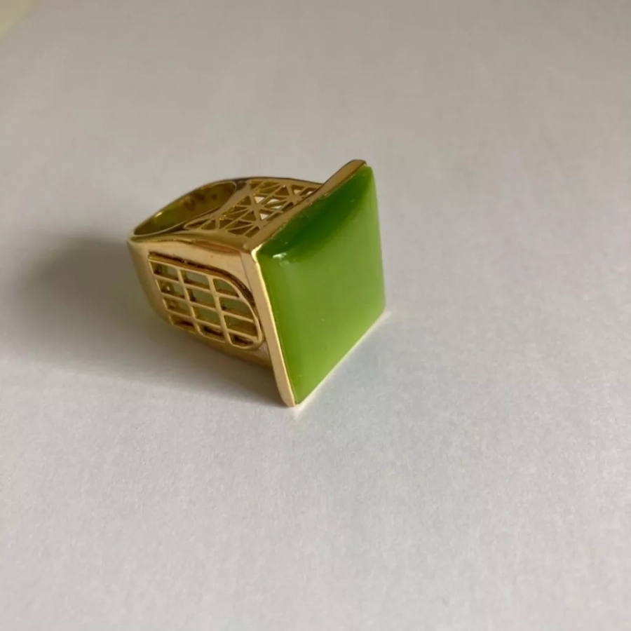 Persian Architecture Gold Plated Bronze Ring And Green Cat's Eye Stone