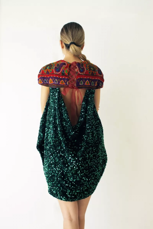Handwoven green and red Kerman pate dress