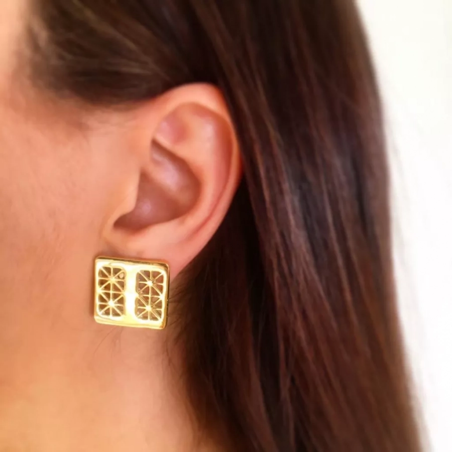 Persian Architecture Gold Plated Bronze Earrings With Dark Blue Enamel 