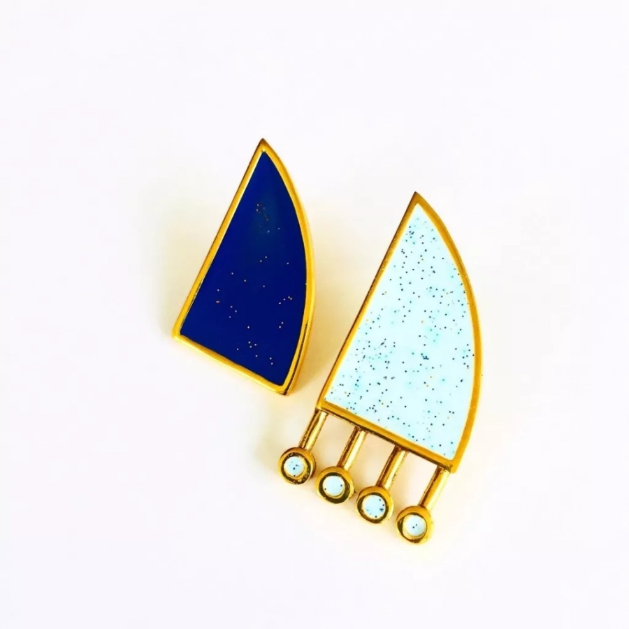 Comb Collection Gold plated Bronze Blue Enamel with glitters Stud Earrings