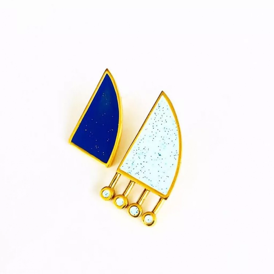 Comb Collection Gold plated Bronze Blue Enamel with glitters Stud Earrings