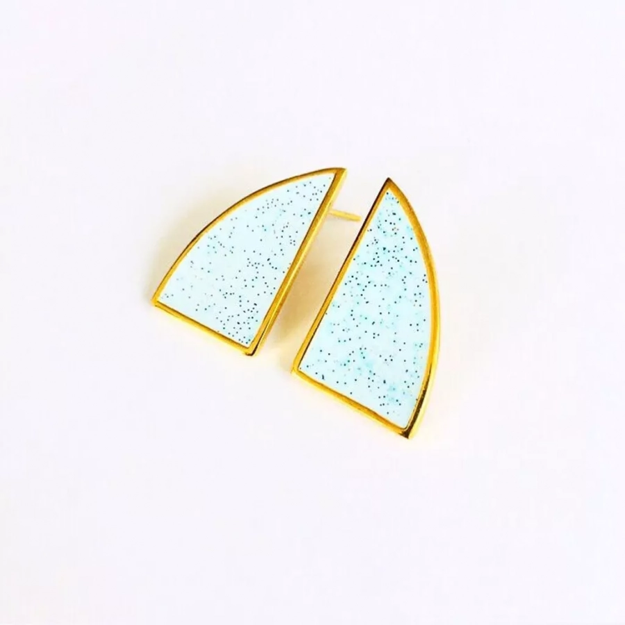 Comb Collection Gold plated Bronze And Light Blue Enamel with dark blue glitters Stud Earrings