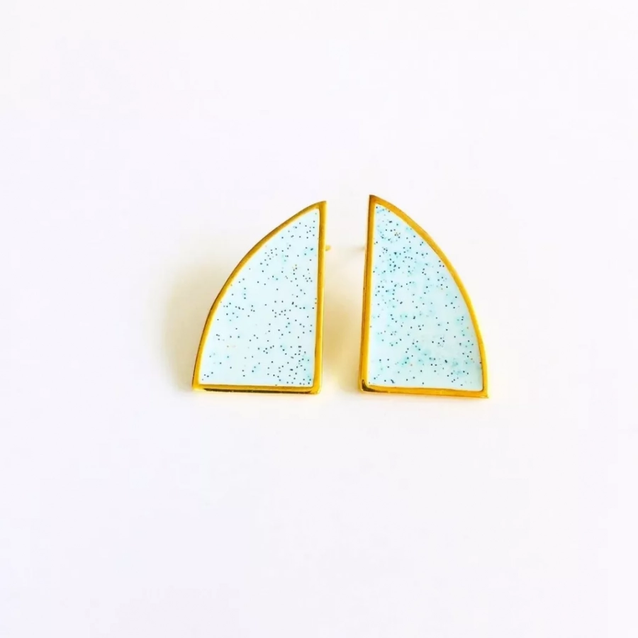Comb Collection Gold plated Bronze And Light Blue Enamel with dark blue glitters Stud Earrings