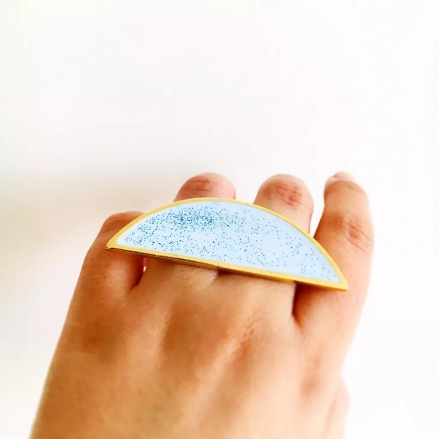 Comb Collection Gold plated Bronze And Light Blue Enamel with dark blue glitters Sculptural Ring