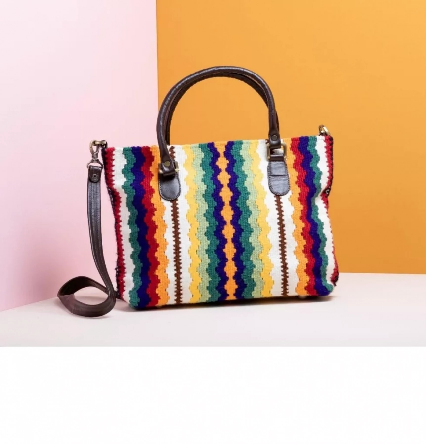 Hand woven and handmade Gilim colorful bag with Internal Zipped Security Pocket