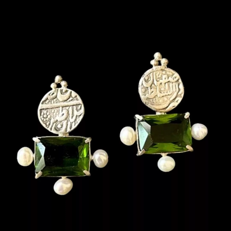 Persian qajar silver coin with green stone earrings