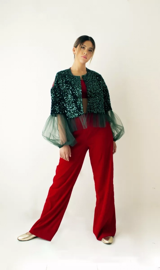 Handmade Pateh and sequin loose fit jacket green