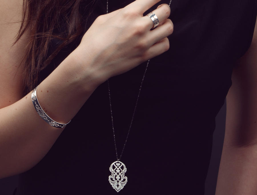 Paiiz, long Silver Necklace Persian motif