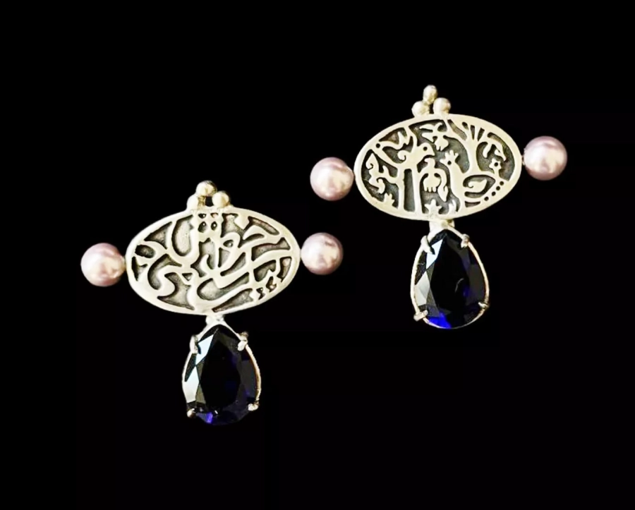 Persian Calligraphy and birds silver stone earrings
