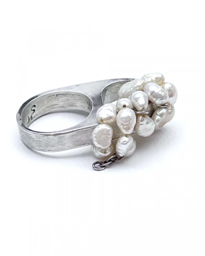 handmade sterling silver ring one of a kind , freshwater pearls with hollow ring design